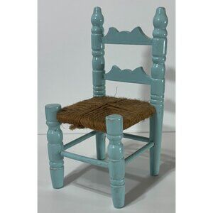 Vintage Collectible Blue Wood & Yarn / Twine Doll House Chair Made In Taiwan